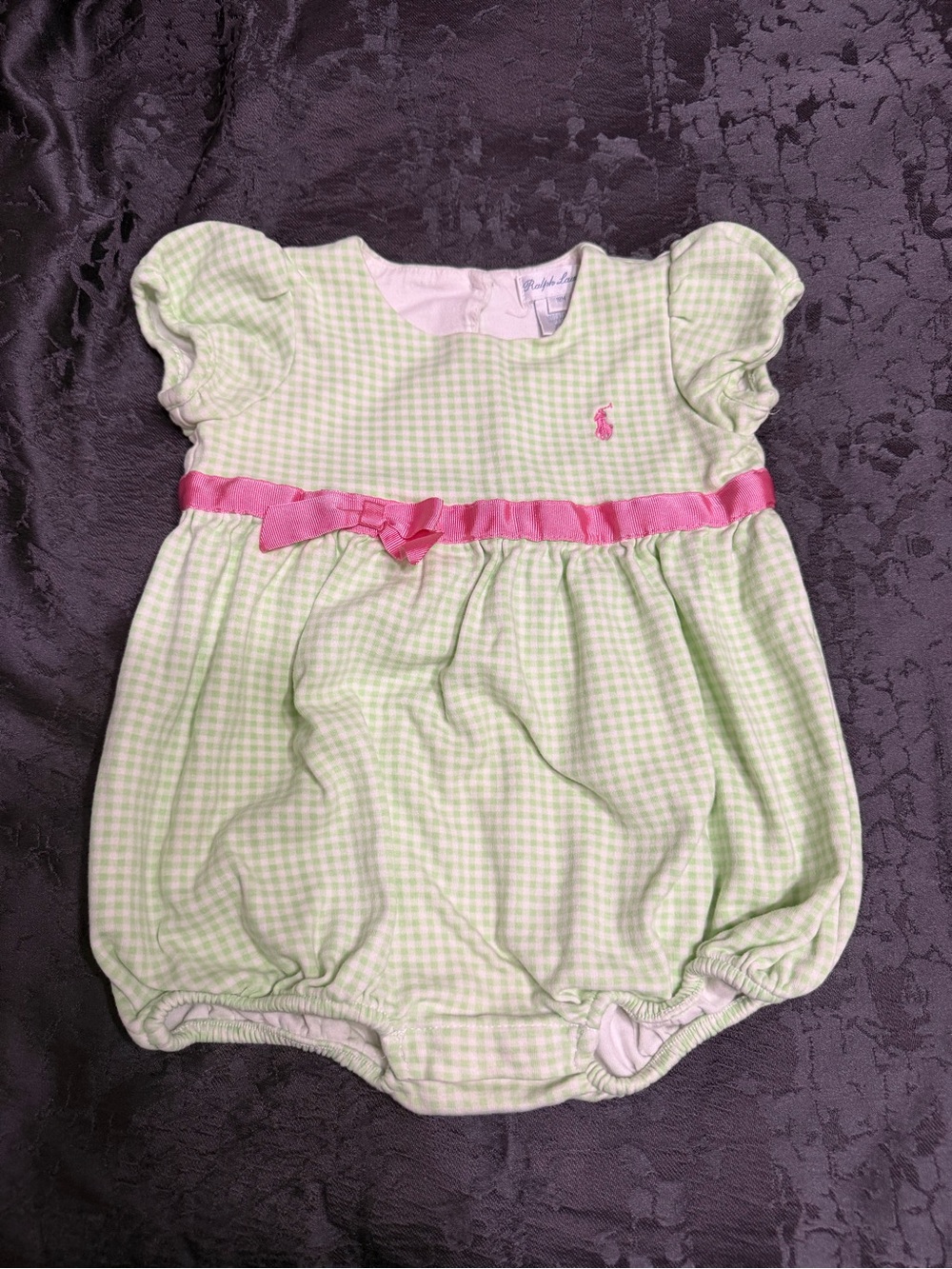 Ralph Lauren Green Gingham Baby Bubble Romper with Pink Ribbon